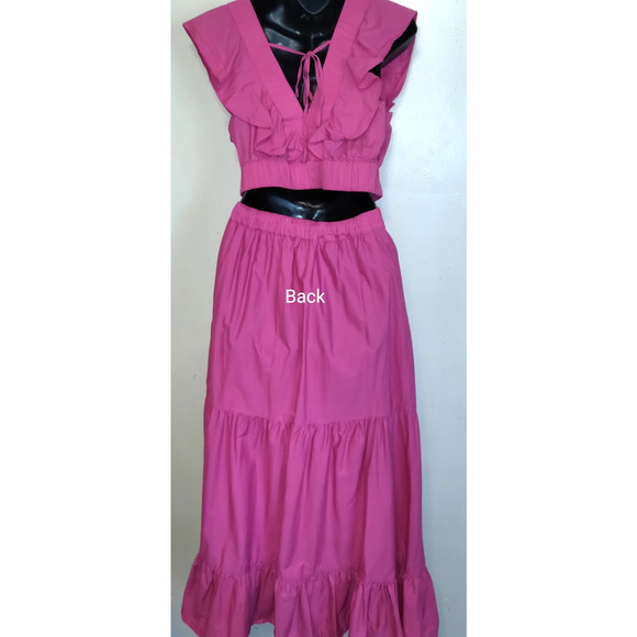 Bright Pink Peasant Maxi Dress 2pc L Tiered Boho Whimsigoth Ruffles Cropped - Picture 7 of 16